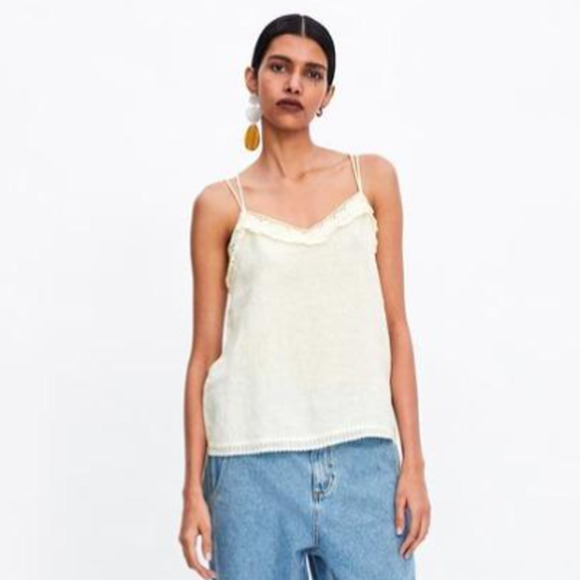 ZARA 100% Linen Cami Ruffle Lace Sleeveless Strappy V neck Tank Top, White - Picture 3 of 13